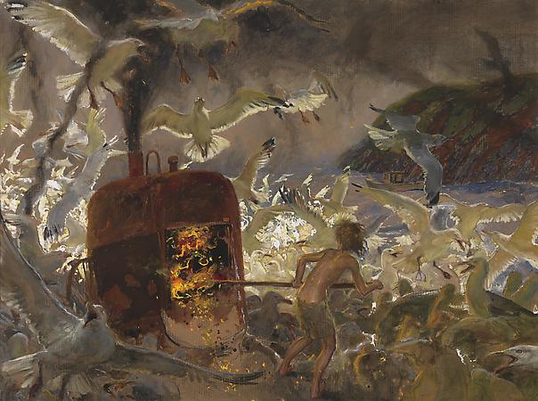 Jamie Wyeth (b. 1946)
Inferno, Monhegan, 2006
Combined mediums on corrugated board
60 x 80 inches
Signed lower right: J. Wyeth
Image