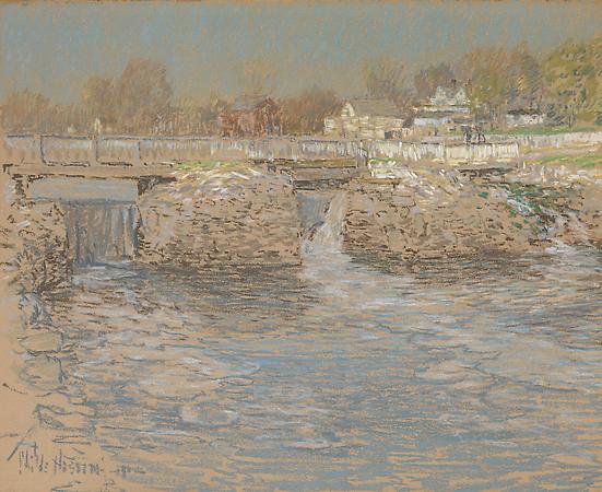 Childe Hassam (1859 -1935)
Tidal Dam and Bridge, Cos Cob, 1902
Pastel on tan paper
17 1/2 x 21 3/4 inches Image
