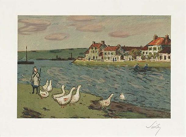 Alfred Sisley
Les Bords de rivière (Les'Oies), 1897
Lithograph printed in colors
Image: 8 1/4 x 12 1/2 inches, (21.4 x 31.8 cm)
Sheet: 16 3/4 x 22 3/8 inches, (42.7 x 56.8 cm)
Signed in pencil
From the edition of 100
Delteil 6; Johnson 141; Mélot S. 6 Image