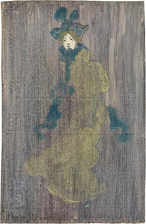 Maurice Prendergast (1858-1924)
Lady in Pale Green Dress, Blue Hat and Scarf, c. 1891
Color monotype with touches of graphite and added color on paper
5 3/4 x 3 3/4 inches Image
