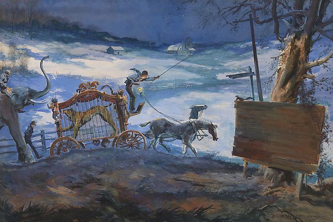 Everett Shinn (1876-1953)
Winter Circus Caravan, 1916
Watercolor on paper
25 1/2 x 38 1/8 inches Image
