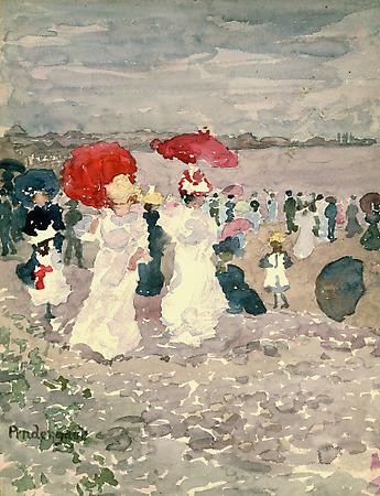 Maurice Prendergast (1858-1924)
Ladies with Parasols, c. 1896-97
Watercolor and pencil on paper
12 3/4 x 10 inches
Signed:lower left: Prendergast
Private collection Image