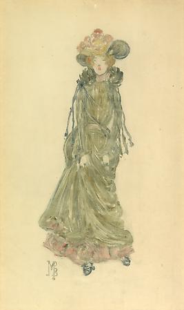 Maurice Prendergast (1858-1924)
Red-Haired Lady with Hat, c. 1891-94
Color monotype, on thin cream paper
14 x 8 1/4 inches Image