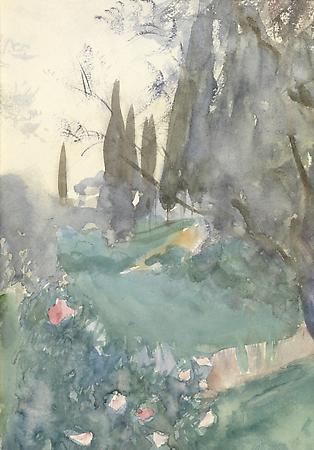 John Singer Sargent (1856-1925)
Landscape with Cypresses (Near Nice, an Early Sketch), c. 1883
Watercolor on paper
13 1/2 x 9 1/2 inches
Private collection Image