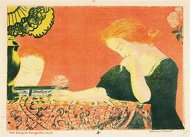 Maurice Denis
Nos Ames, en des gestes lents, 1898
Lithograph printed in colors on fine wove paper
Borderline: 11 1/8 x 15 3/4 inches, (28.2 x 40 cm)
Sheet: 16 x 20 3/4 inches, (40.7 x 52.7 cm)
Signed in pencil
From the edition of 100
Cailler 116 Image