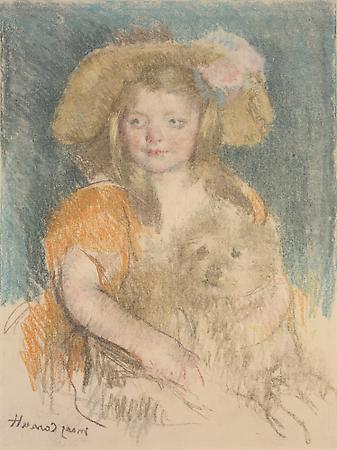 Mary Cassatt (1844-1926)
Smiling Sara in a Big Hat Holding Her Dog (No.2), c.1901
Pastel counterproof on Japan paper mounted on board
26 1/2 x 20 7/8 inches Image