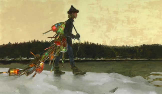 Jamie Wyeth (b. 1946)
The Mainland, 1992
Oil and day-glo enamel on panel
28 x 48 inches Image