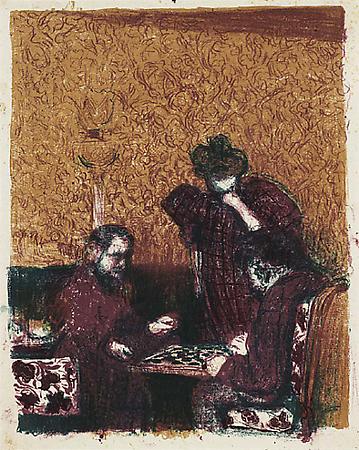 Edouard Vuillard
La Partie de dames, c. 1899
Lithograph printed in color
Image: approx. 13 1/2 x 10 1/2 inches, (33.7 x 26.5 cm)
Stone marks: approx. 16 3/4 x 12 5/8 inches, (42.5 x 32 cm)
Sheet: 17 1/2 x 13 1/8 inches, (44.6 x 33.3 cm)
Proof of an undescribed variant of Roger-Marx Image