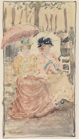 Maurice Prendergast (1858-1924)
Two Women with Parasols Seated in the Park, c. 1893-94
Watercolor on paper
11 1/2 x 6 1/2 inches Image