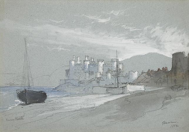 Conway Castle, 1882
Pencil, watercolor and white heightening on light blue paper
10 7/8 x 15 1/4 inches Image