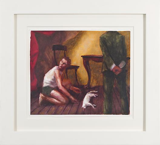 Innocent Man with Cleaver and Red Drape (1989)
Oil on gessoed paper
10.88h x 13w in (27.64h x 33.02w cm)