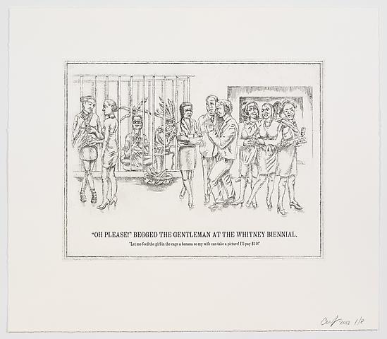 The Undiscovered Amerindians; "Oh Please!" Begged the Gentleman at the Whitney Biennial (2012)
Intaglio, engraving, and drypoint etching on paper; 21h x 18.3w in (53.3h x 46.5w cm); Edition of 8 with 2 APs