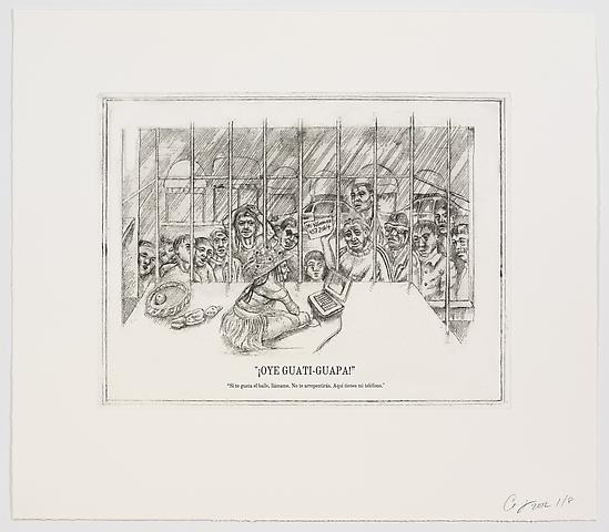 The Undiscovered Amerindians; ¡Oye Guati-Guapa! (2012)
Intaglio, engraving, and drypoint etching on paper; 21h x 18.3w in (53.3h x 46.5w cm); Edition of 8 with 2 APs