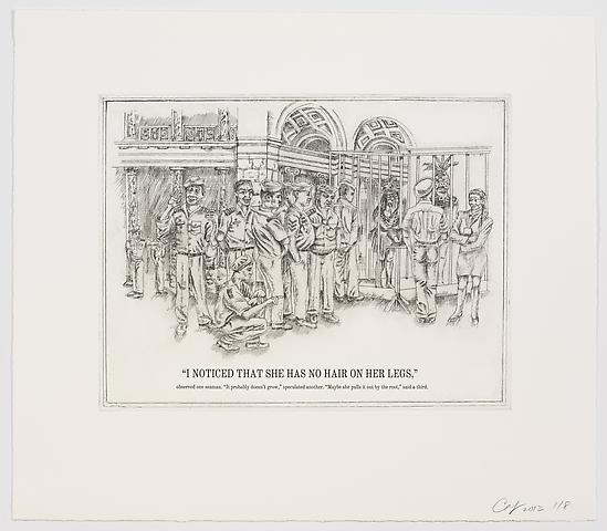 The Undiscovered Amerindians; I Noticed That She Has No Hair on Her Legs (2012)
Intaglio, engraving, and drypoint etching on paper; 21h x 18.3w in (53.3h x 46.5w cm); Edition of 8 with 2 APs