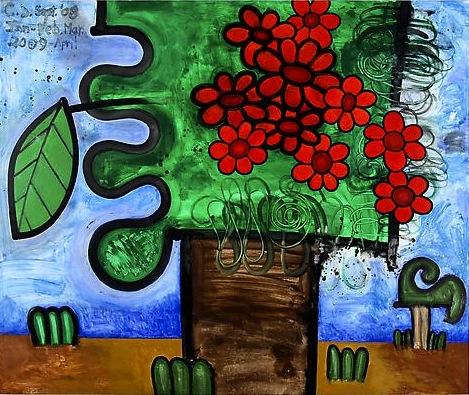Tree with Red Flowers
2009
75 x 90 inches
Mixed media on linen