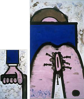 Garbage, Ratio (Drop the Gun!)
2006
72 x 40 inches and 36 x 20 inches
Mixed media on canvas, diptych
