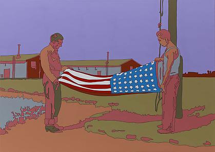 LISA RUYTER
Russell Lee “Rupert, Idaho. Former CCC (Civilian Conservation Corps) camp now under FSA (Farm Security Administration) management. Japanese-Americans taking down their flag in the evening”
2011, acrylic on canvas, 39 x 55 inches