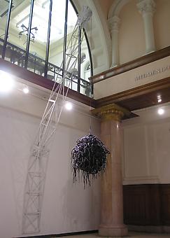 MIA FEUER
The Megiddo Intersection
2008, steel, enamel paint, 200 cast black foam rubber snakes, crane approx: 2 x 25 feet, ball of snakes: 4 feet diameter