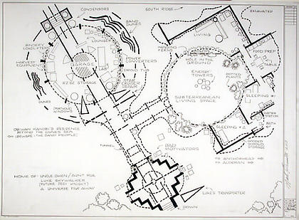 Mark Bennett 
<i>Home of Uncle Owen and Aunt Rue (Star Wars)</i>
2006, India ink and graphite on vellum, 30 x 42 inches.
