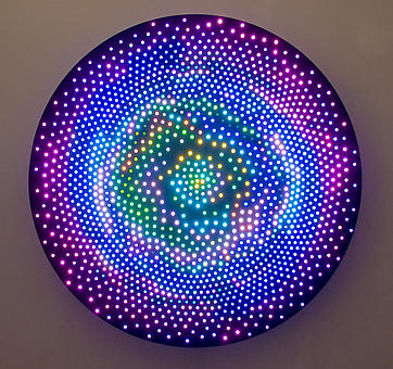 Leo Villareal
Big Bang
2008, 1600 LEDs, mac mini, circuitry and anodized aluminum, 5 feet-diameter, edition: 3.
Contact gallery for details/video.