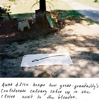AARON CANIPE
J.V. Ozmint’s Confederate Calvary Saber, near Iva, South Carolina
2011, Archival inkjet print with hand-applied text, 11 x 14 inches