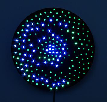Leo Villareal
Little Bang (cool view)
2008, 200 LEDs, microcontroller, circuitry and anodized aluminum, 2 feet-diameter, edition: 5.
Contact gallery for details/video.