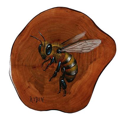 mark ryden
<i>bee</i>
oil on guava wood
3.5" x 3.5" in. (8.9 x 8.9 cm.)