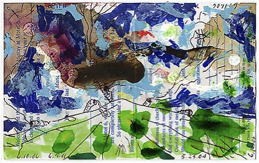 William Pope.L
<i>Failure Drawing #1139
Worm Segments on Green</i>, 2004-6
Ballpoint pen, acrylic, stains and 
Hair on printed paper
4 3/8 x 7 inches
11.11 x 17.78 cm