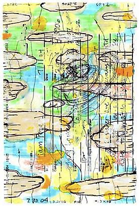 William Pope.L
<i>Failure Drawing #110 
Rocket Fumble, Yellow, Green,
Blue Sky</i>, 2004-6
Ink, ballpoint pen, acrylic, 
Highlighter, colored marker, 
collage on printed paper
8 ½ x 5 11/16 inches
21.59 x 14.45 cm