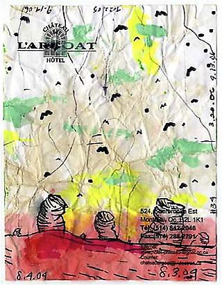 William Pope.L
<i>Failure Drawing #34 
Chateau Hotel Bats and Piles</i>, 
2004-6
Ink, ballpoint pen, colored marker, 
And acrylic on hotel stationary
5 ½ x 4 ¼ inches
13.97 x 10.8 cm