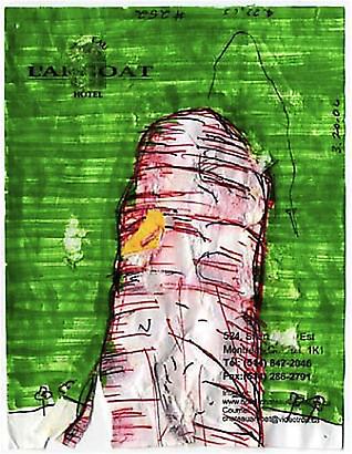 William Pope.L
	<i>Failure Drawing #252 
	Green Sky Red Mountain</i>, 2005
	Ink and colored marker,
	Hotel stationary
	5 ½ x 4 ¼ inches
	13.97 x 10.8 cm