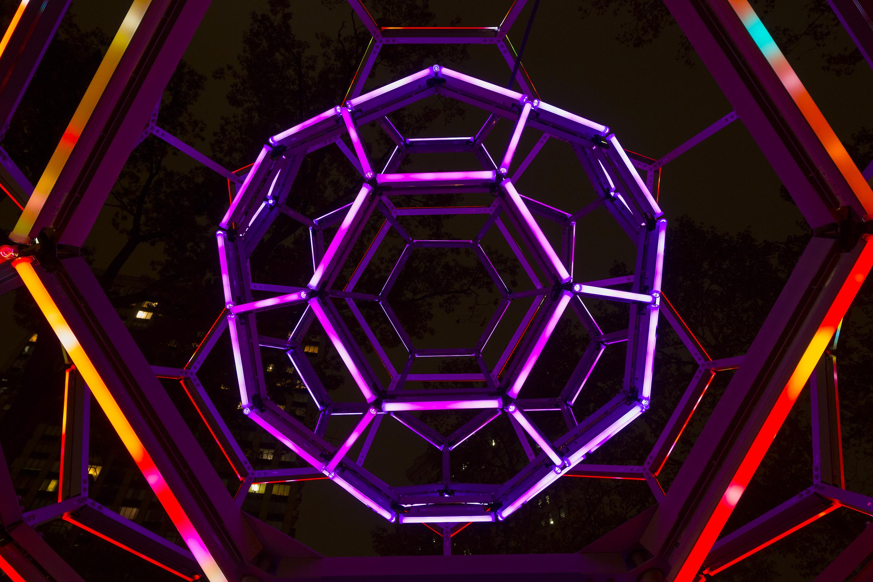 Buckyball, 2012
LEDs, custom software, electrical hardware, metal armature, sculptural base
360 x 240 x 240 inches
Unique
Installation: Madison Square Park, New York, NY