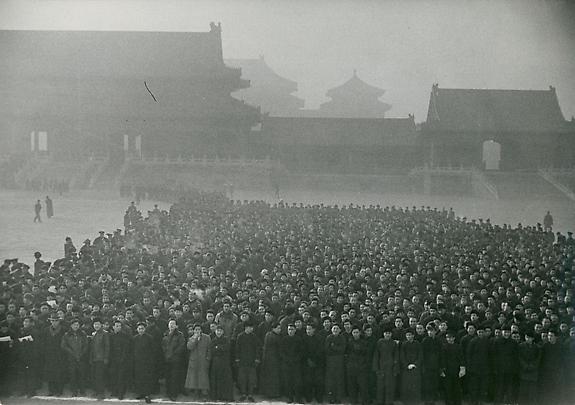 Hundreds of Chinese nationalist recruits massing for the New Army Day parade in the Forbidden City during the waning days of the Chinese Revolution, Beijing, China, 1948