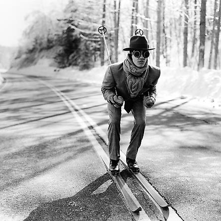 Reed skiing in the street, Lake Placid, New York, 2008