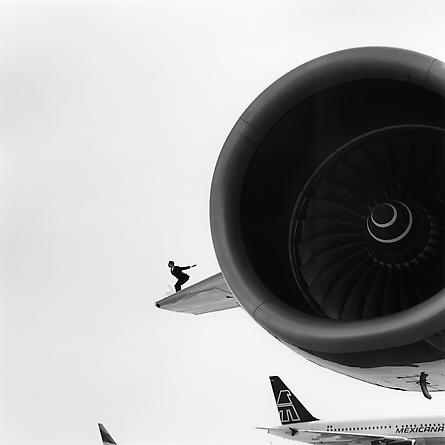 Reed perched on airplane wing, JFK, New York, 2007