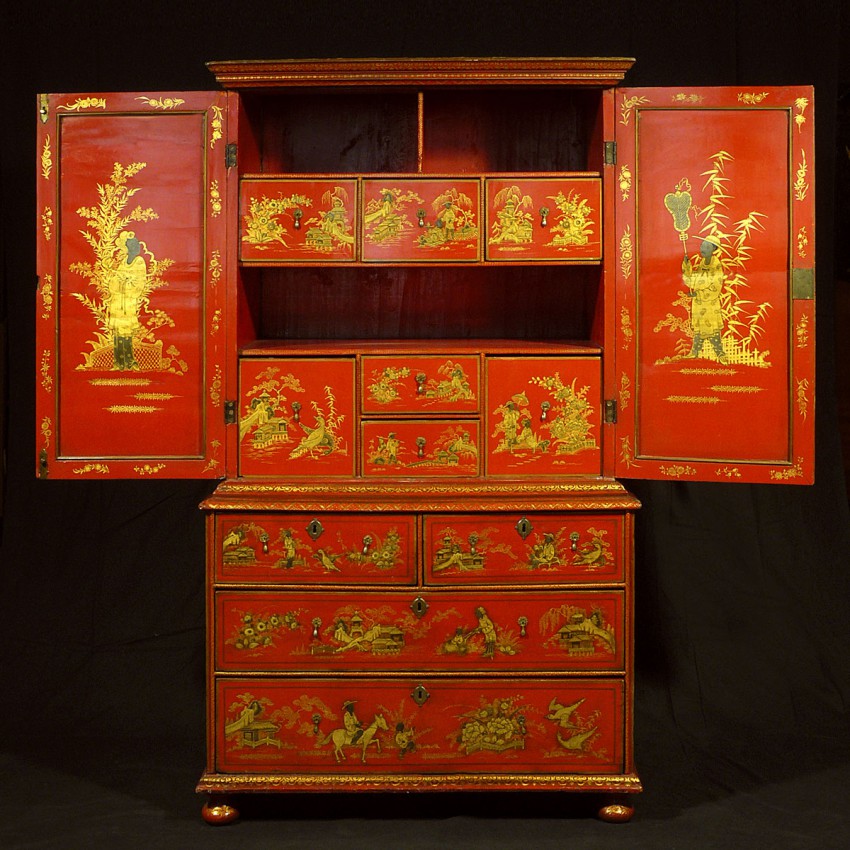 A Queen Anne Red Japanned Two Door Mirrored On Chest Hyde