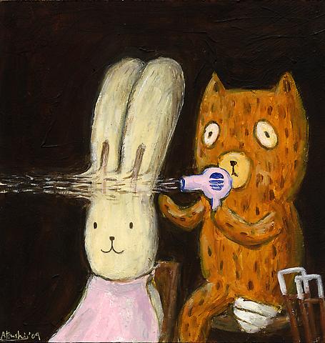 Kumacchi dries Usacchi’s hair with a pink hairdryer
Acrylic on panel
23 x 22.2 cm
2009