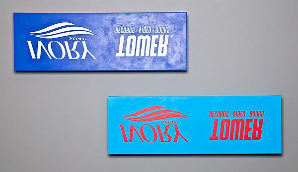 Left:
Elijah Blue
Ivory Tower (blue reverse Russian Legend)
Acrylic on canvas
10 x 50 inches

Right:
Elijah Blue
Ivory Tower (Cyan Reverse Russian Legend), 2010
Acrylic on canvas
10 x 30 inches
