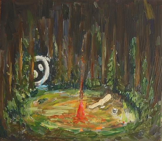 Usacchi reading a story to a little panda head
Acrylic on board
24.8 x 28 cm
2008