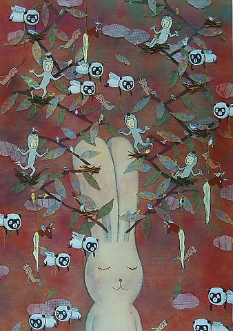 We are falling while birds are singing
Acrylic, collaged fabric, silver foil and decoupage on
plywood 
85 x 60 cm
2010