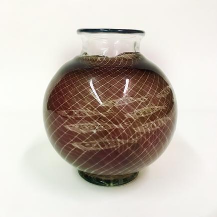 Orrefors Graal Glass Maroon diamond Pattern and Swimming Fish Vase 1
