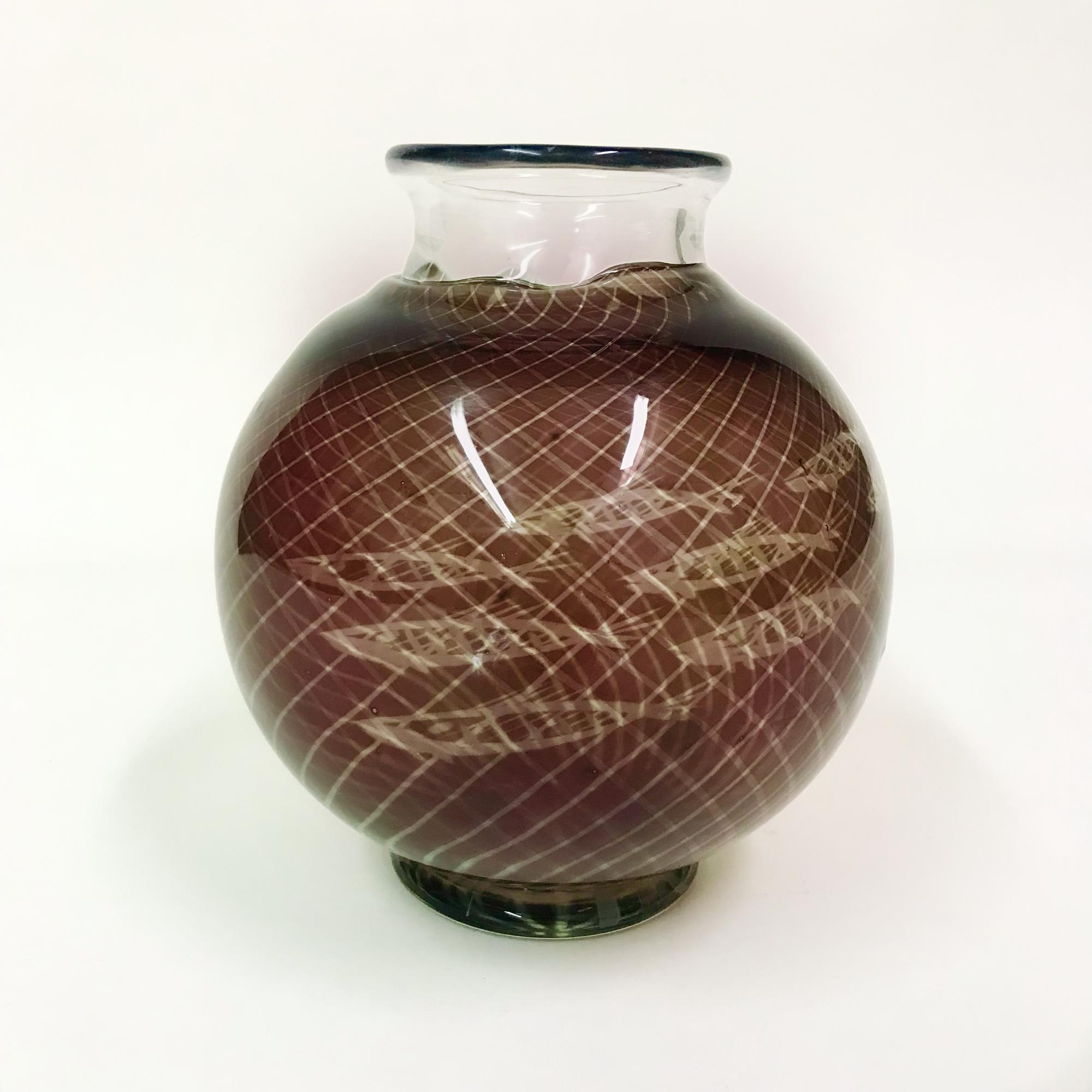 Orrefors Graal Glass Maroon diamond Pattern and Swimming Fish Vase 1