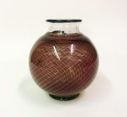 Orrefors Graal Glass Maroon diamond Pattern and Swimming Fish Vase 2