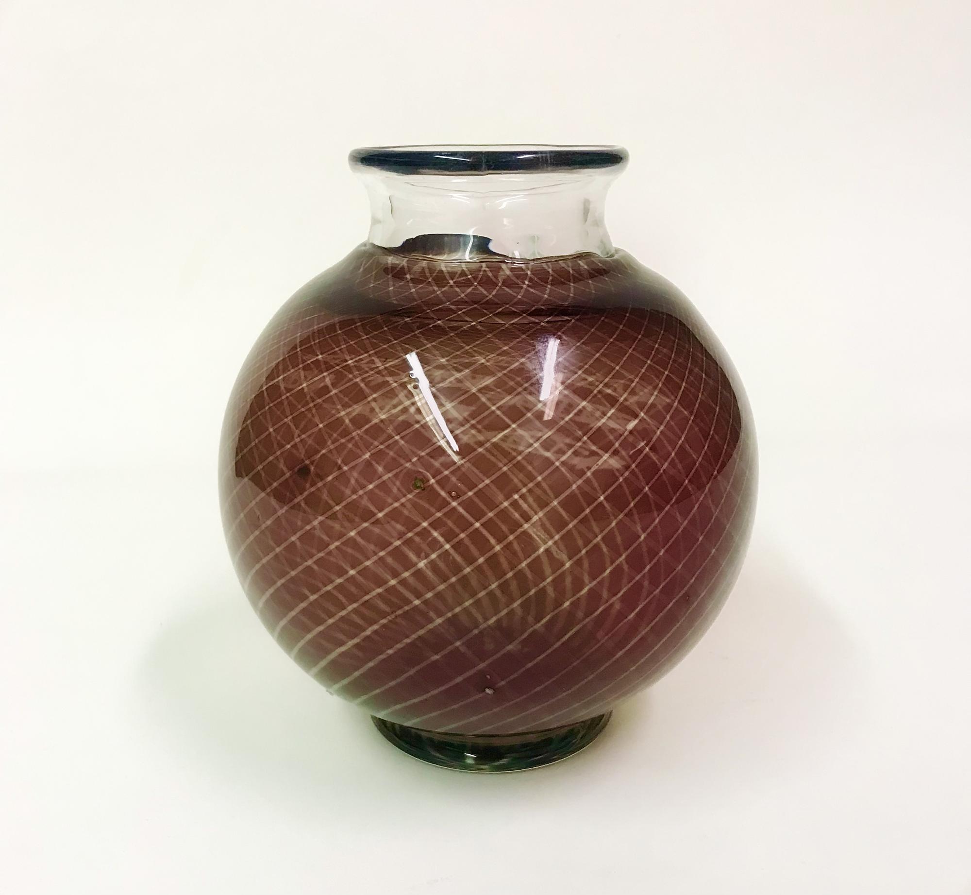 Orrefors Graal Glass Maroon diamond Pattern and Swimming Fish Vase 2