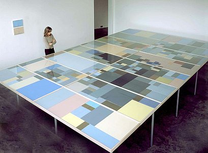 <i>Mother, Father; Monday,</i> 2001-02
Acrylic on canvas, glass and wooden vitrines, metal tables
630 x 382 cm