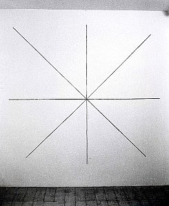 Sol LeWitt
<i>Lines through, toward and to points
172 Lines through the center of the wall toward midpoints of sides and corners</i>, 1973
Black crayon
First drawn by Sol Lewitt & Nicholas Logsdail
First installation: Lisson Gallery, London, May 1973
