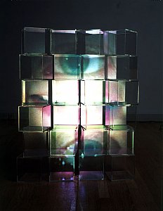<i>Features (Skins), </i>2002
24 perspex cubes and single DVD projection and sound
100 x 100 cm