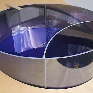 <i>Model for Swimming Pool/Fish Pond, </i>1997
Two-way mirror glass, aluminium, acrylic sheet, decals
31.8 x 106.7 x 106.7 cm
