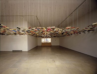 Richard Wentworth
<i>False Ceiling, </i>1995
Books and steel cable
Dimensions variable