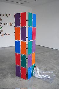 Helen Marten
<I>George Nelson</I>, 2009
Powder coated aluminium, butterfly nuts, plastic caps, tropical wood, vogue pattern pvc suit jacket
20 panels each 36 x 20 cm
Overall dimensions: approx. 130 x 200 x 100 cm